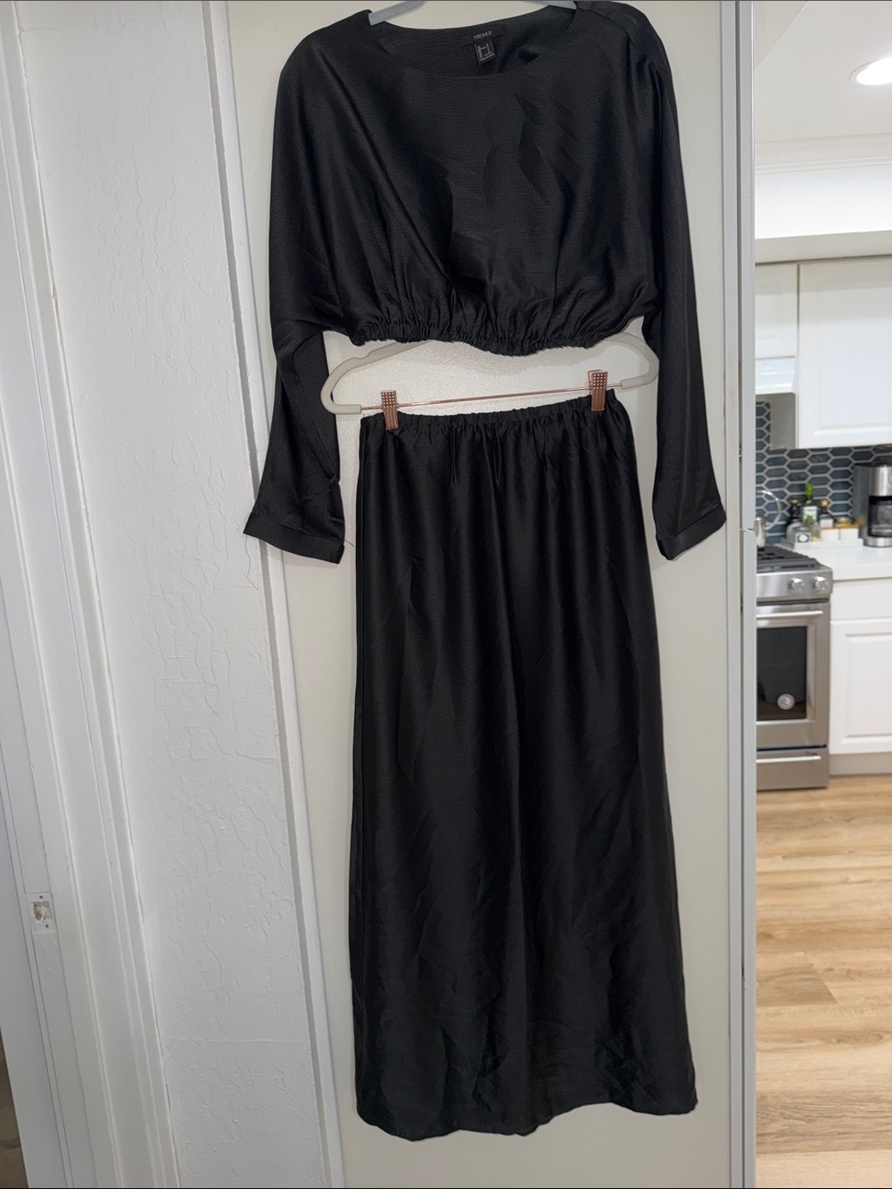 Forever 21 Black with Slight Pattern Two-Piece Set - Cropped Top & Maxi Skirt S